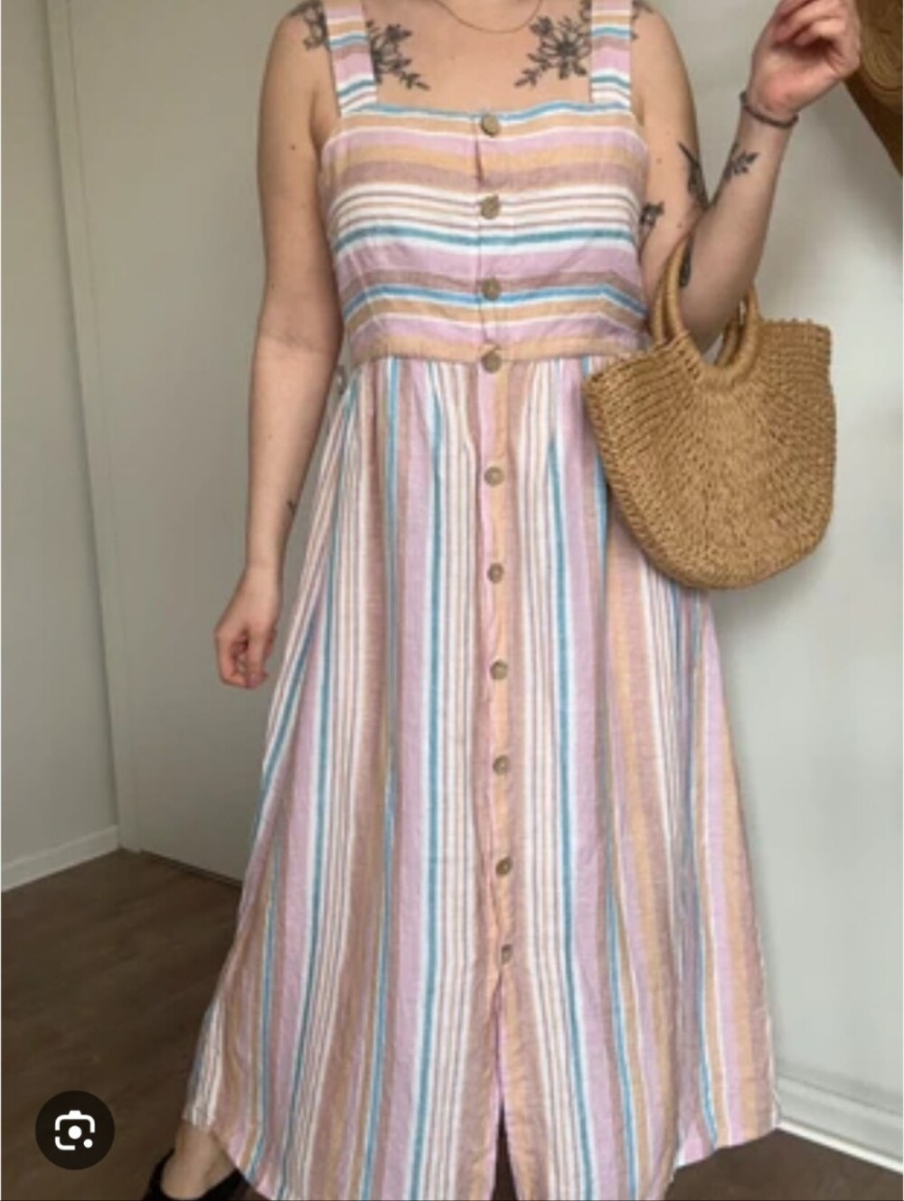 C&C California Linen Striped Button Front Maxi Midi Dress Coastal Boho Small